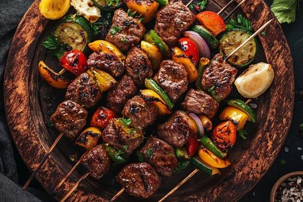 Шашлык из баранины с овощами на деревянном блюде